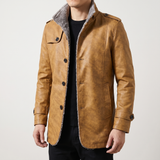 Men's earthy yellow faux leather coat, front studio view