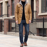 Men's earthy yellow faux leather coat, street lifestyle view