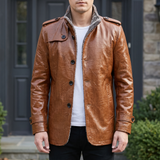 Men's reddish brown faux leather coat, front lifestyle view