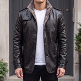 Men's black faux leather coat, front lifestyle view