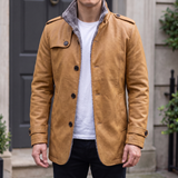 Men's earthy yellow faux leather coat, front lifestyle view