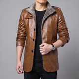 Men's reddish brown faux leather coat, front studio view