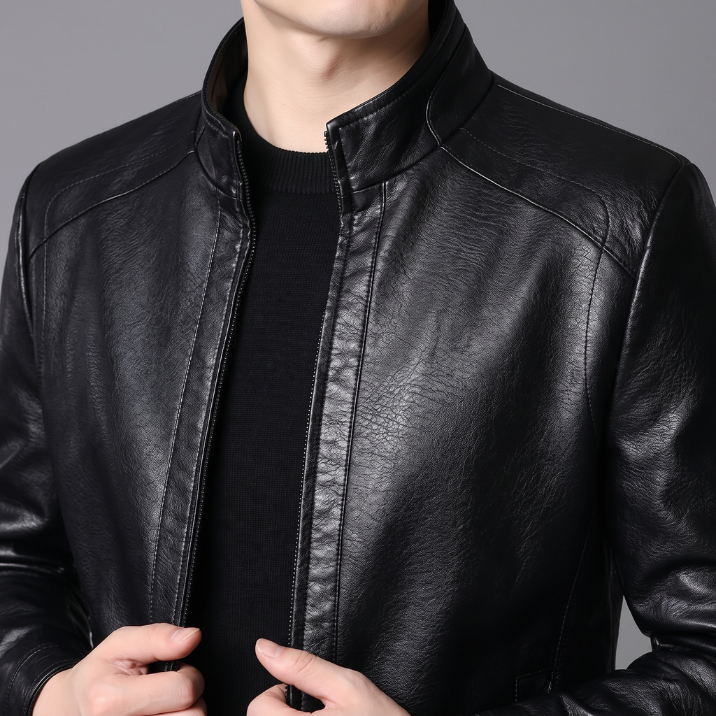 Men's black stand-collar faux leather zip jacket, collar and shoulder detail