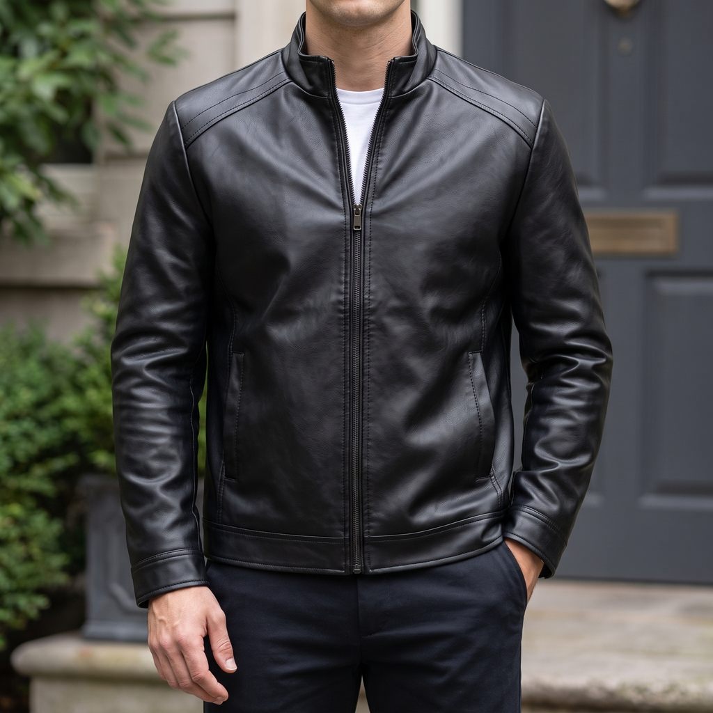 Men's black stand-collar faux leather zip jacket, front lifestyle view