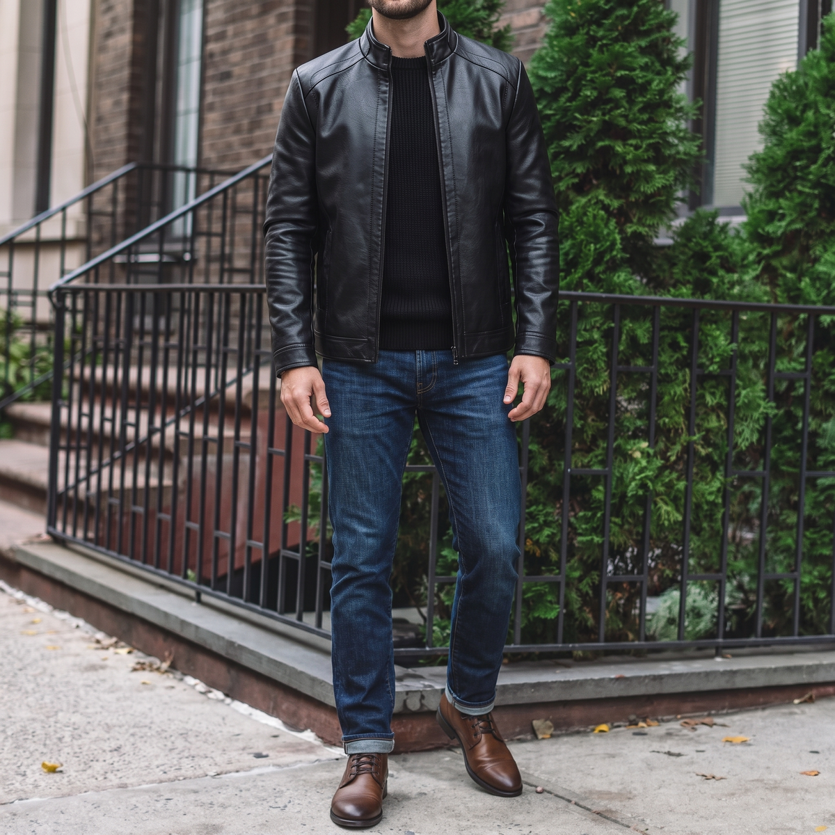 Men's black stand-collar faux leather zip jacket, street lifestyle view