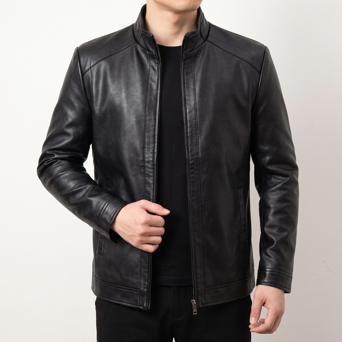 Men's black stand-collar faux leather zip jacket, front studio view