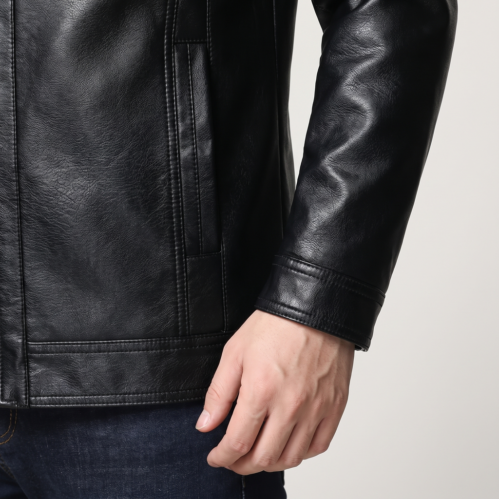 Men's black stand-collar faux leather zip jacket, cuff and side pocket detail