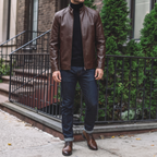 Men's coffee brown stand-collar faux leather zip jacket, street lifestyle view