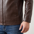 Men's coffee brown stand-collar faux leather zip jacket, cuff and side pocket detail