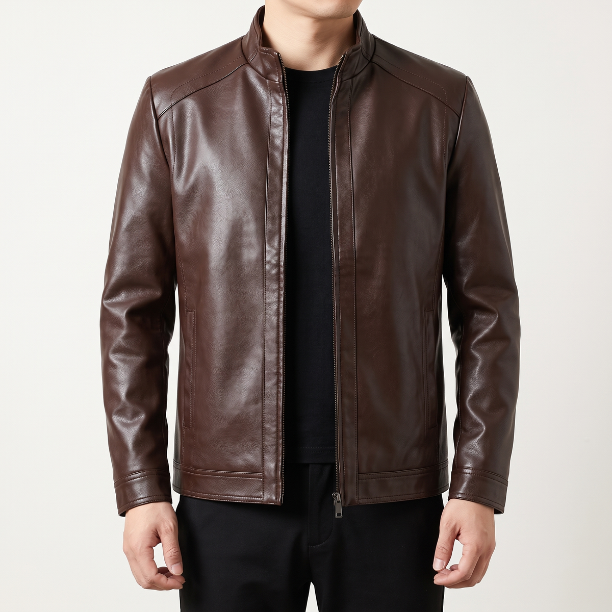 Men's coffee brown stand-collar faux leather zip jacket, front studio view
