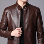 Men's coffee brown stand-collar faux leather zip jacket, collar and shoulder detail