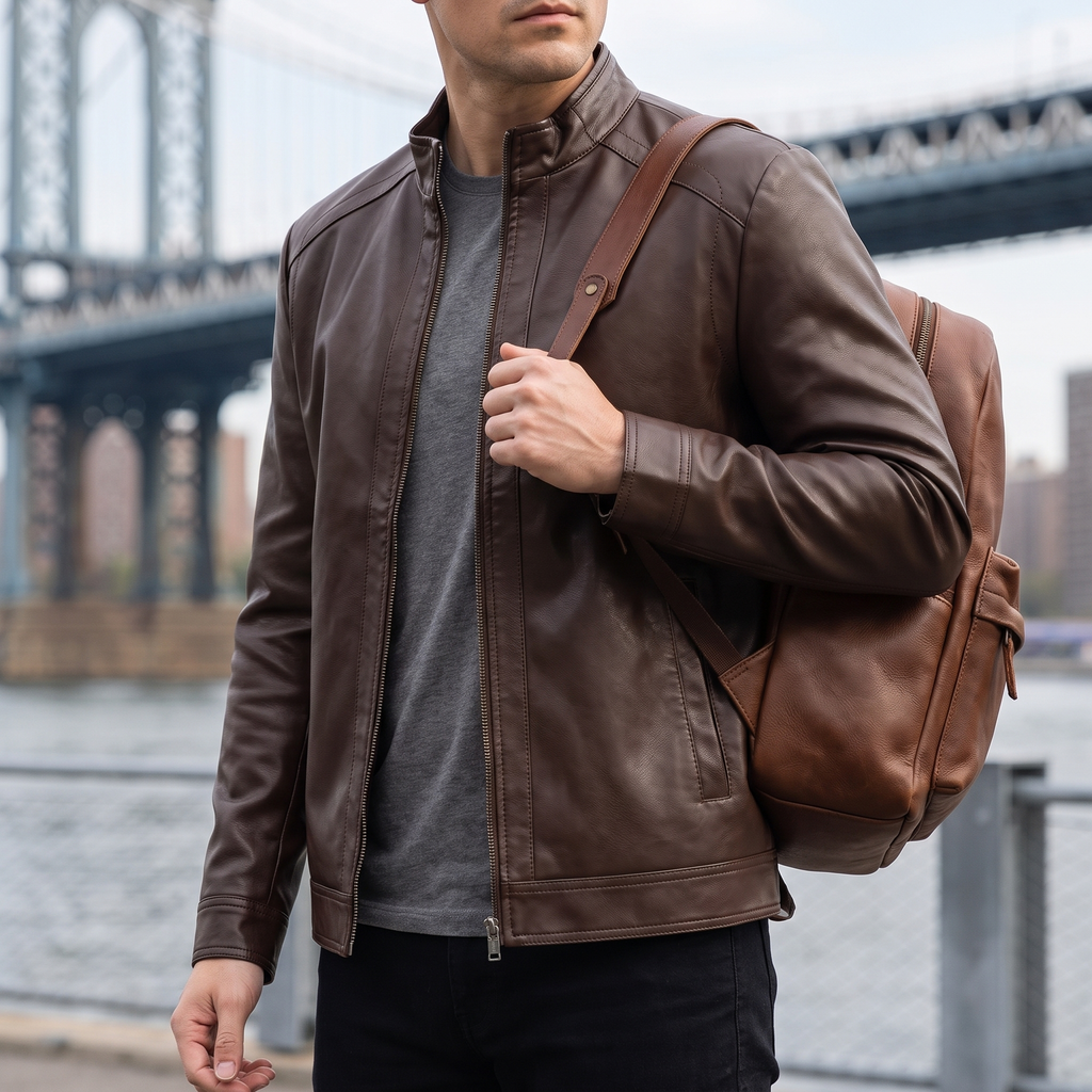 Men's coffee brown stand-collar faux leather zip jacket, lifestyle view with shoulder bag