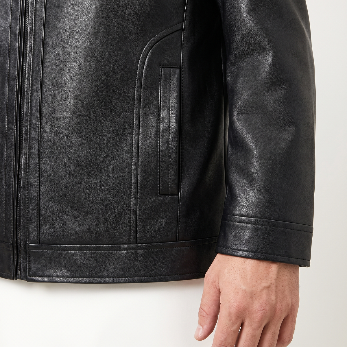 Men's black turn-down-collar faux leather zip jacket, cuff and side pocket detail