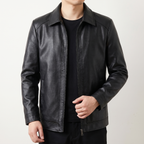 Men's black turn-down-collar faux leather zip jacket, front studio view