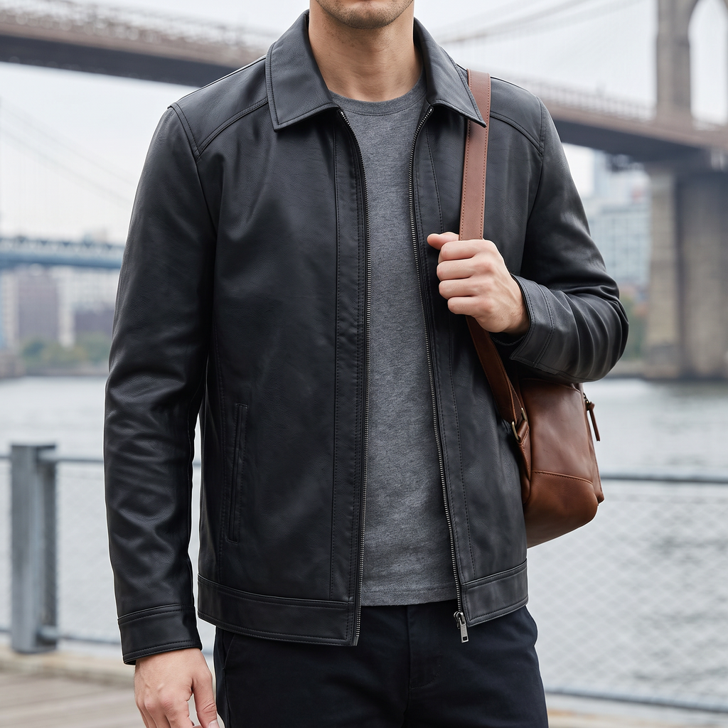 Men's black turn-down-collar faux leather zip jacket, lifestyle view with shoulder bag