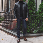 Men's black turn-down-collar faux leather zip jacket, street lifestyle view