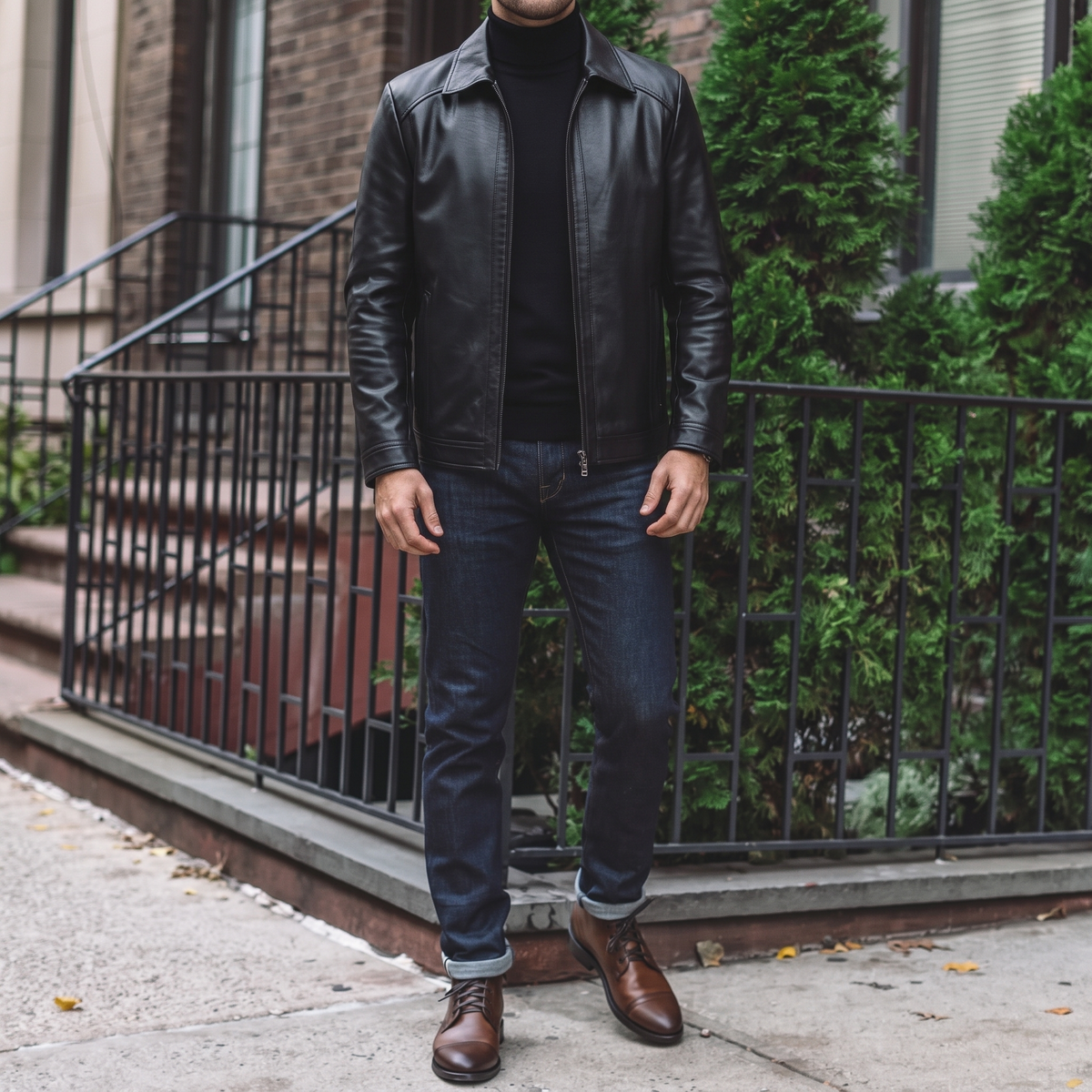 Men's black turn-down-collar faux leather zip jacket, street lifestyle view