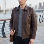 Men's coffee brown turn-down-collar faux leather zip jacket, lifestyle view with shoulder bag