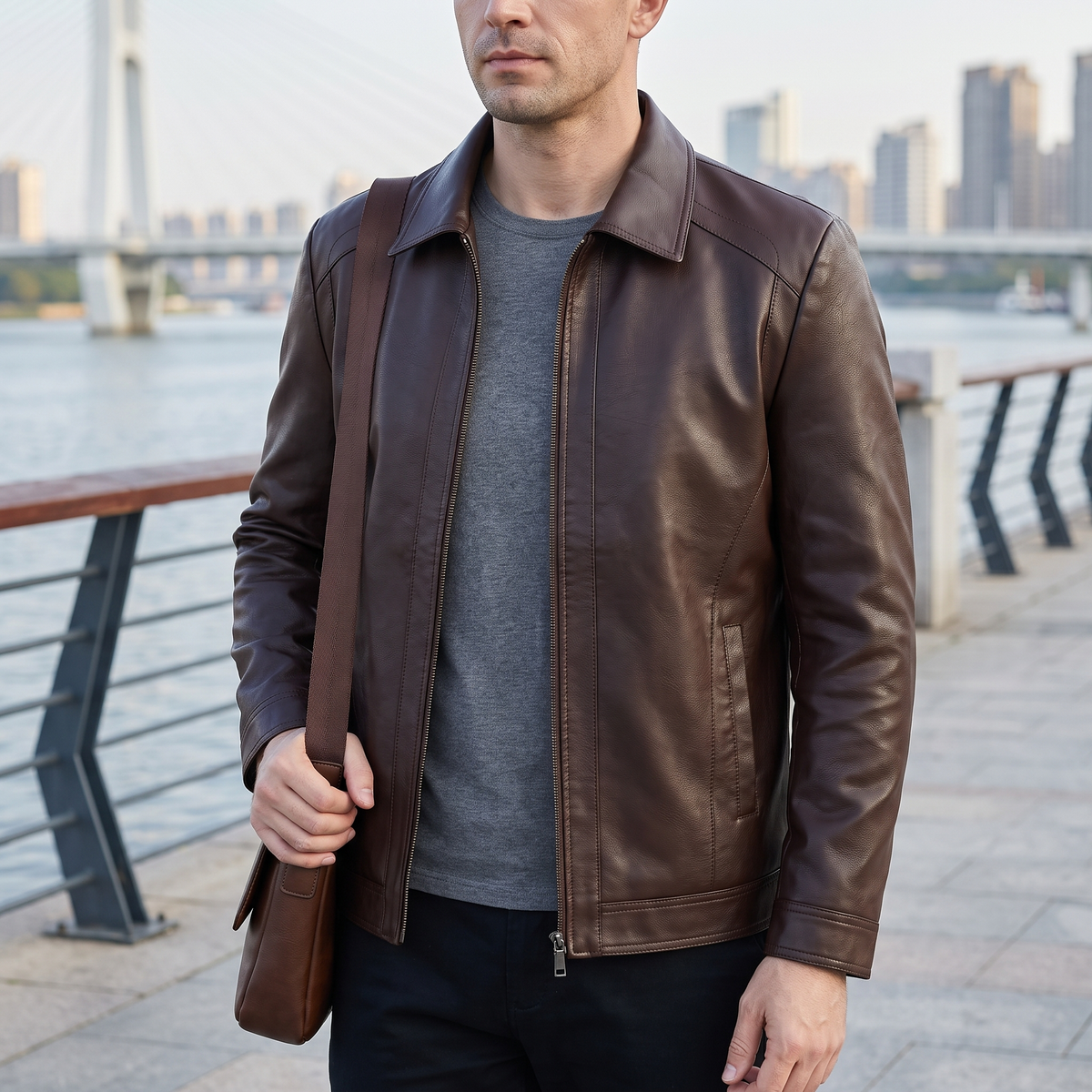 Men's coffee brown turn-down-collar faux leather zip jacket, lifestyle view with shoulder bag