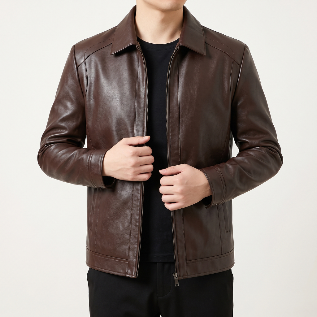 Men's coffee brown turn-down-collar faux leather zip jacket, front studio view
