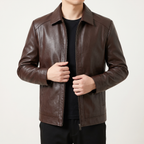 Men's coffee brown turn-down-collar faux leather zip jacket, front studio view
