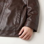 Men's coffee brown turn-down-collar faux leather zip jacket, cuff and side pocket detail