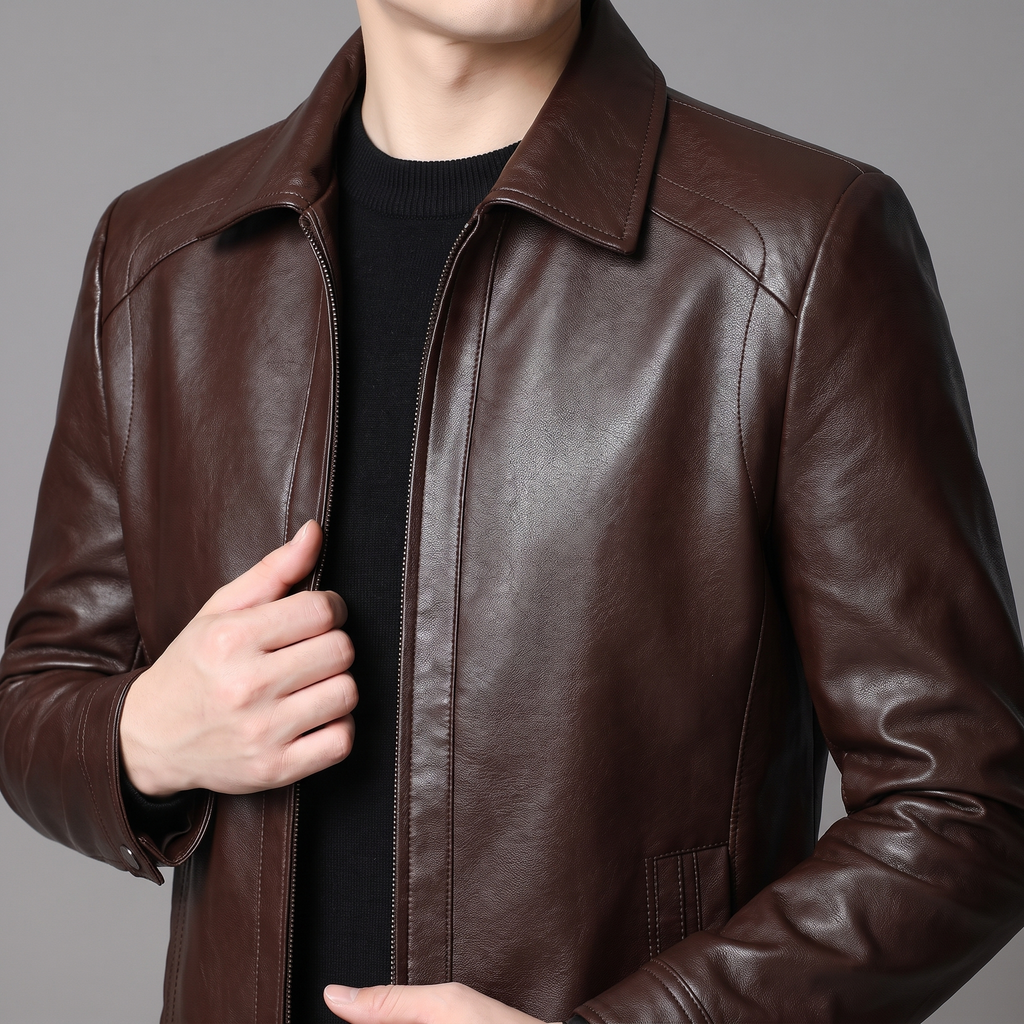 Men's coffee brown turn-down-collar faux leather zip jacket, collar and shoulder detail