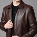 Men's coffee brown turn-down-collar faux leather zip jacket, collar and shoulder detail