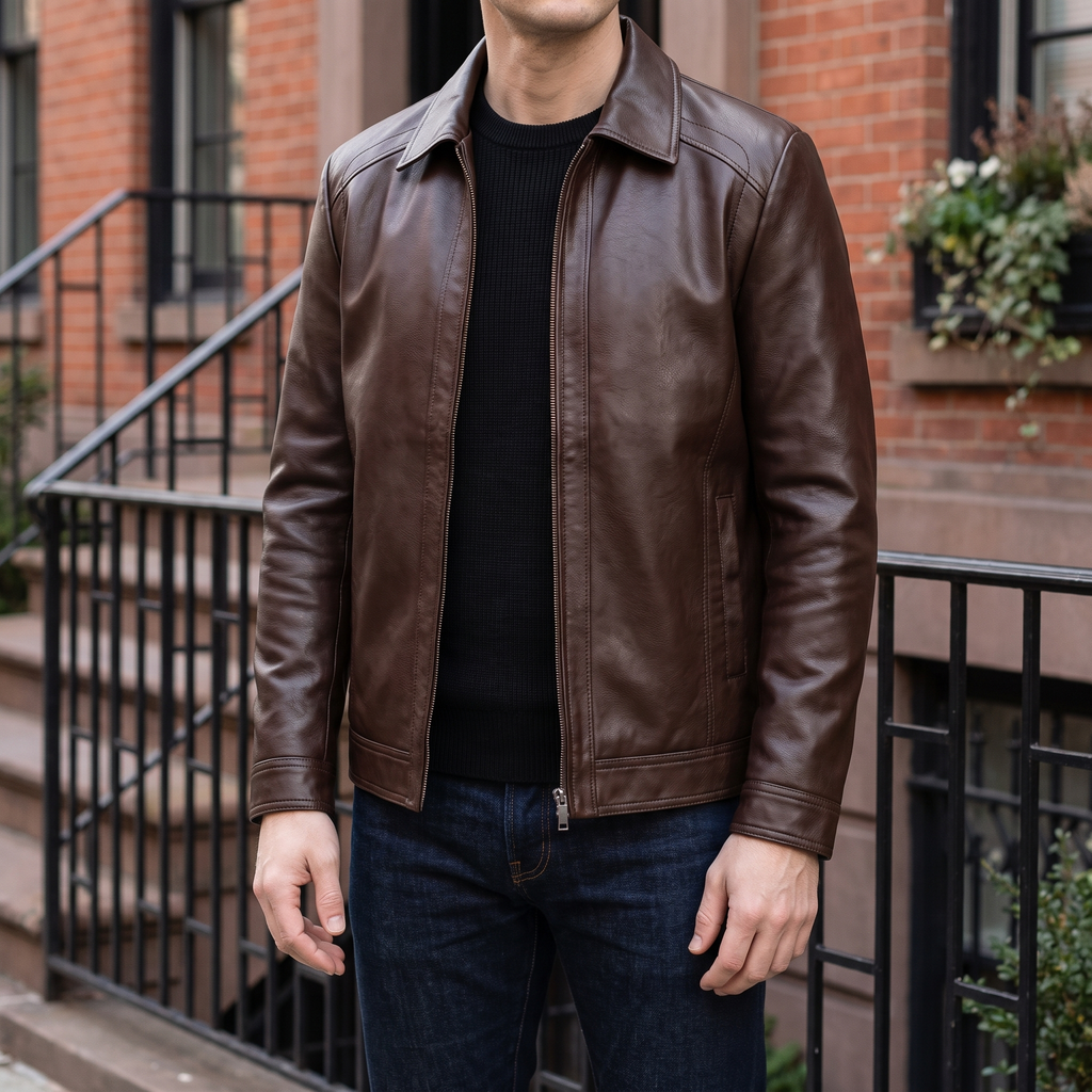 Men's coffee brown turn-down-collar faux leather zip jacket, street lifestyle view