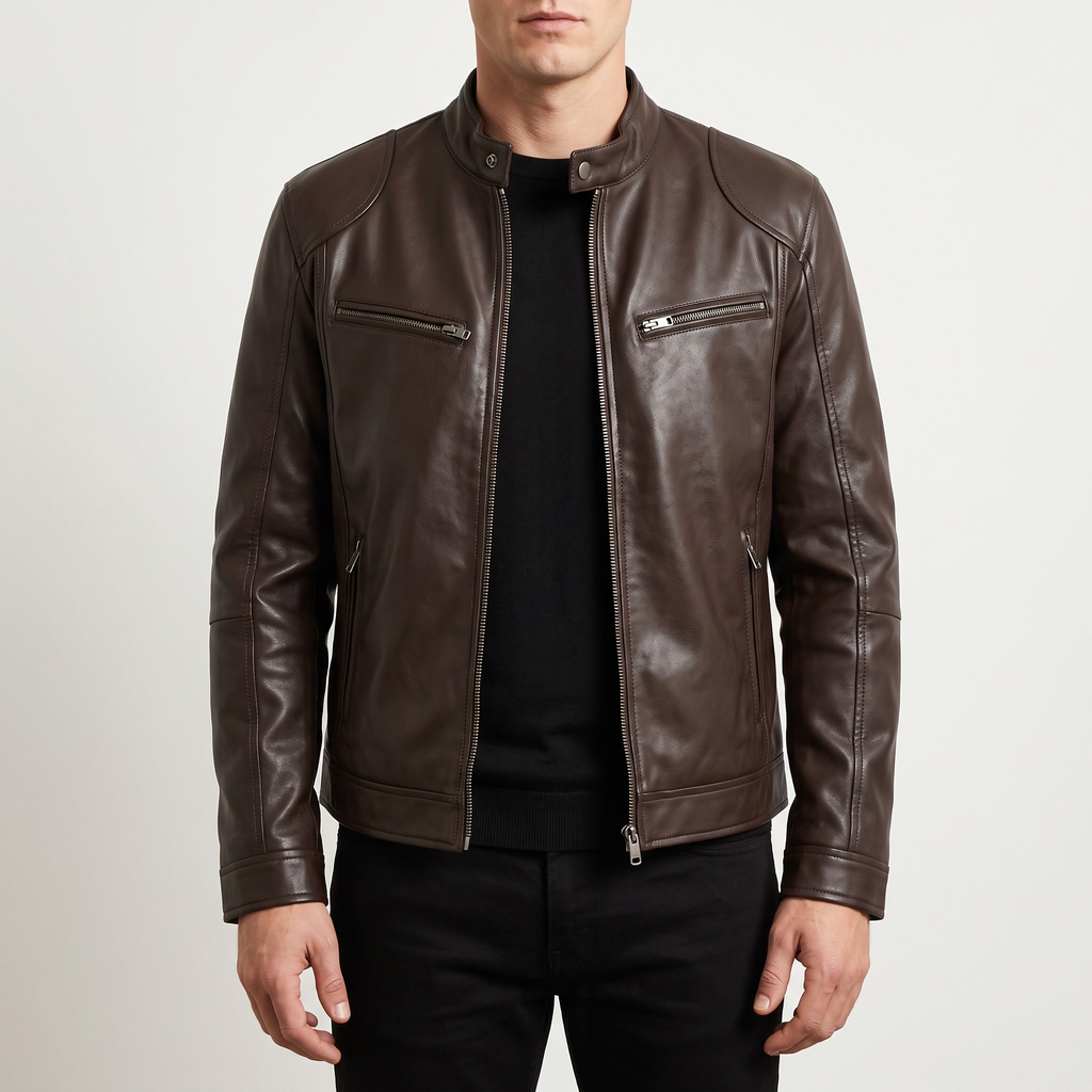 Men's brown faux leather racer jacket, front studio view