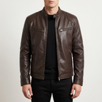 Men's brown faux leather racer jacket, front studio view