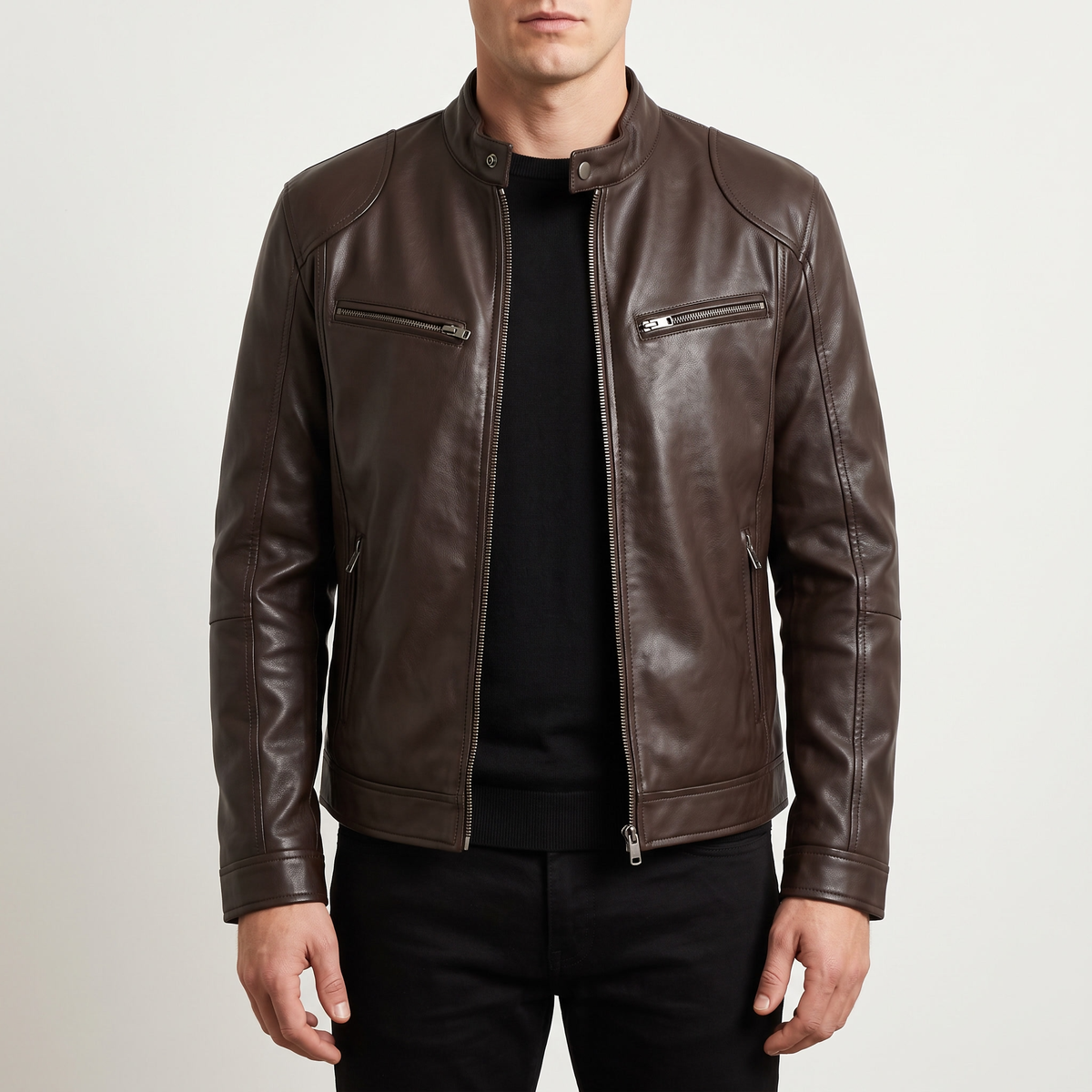 Men's brown faux leather racer jacket, front studio view