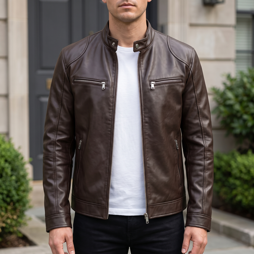 Men's brown faux leather racer jacket, front lifestyle view