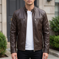 Men's brown faux leather racer jacket, front lifestyle view