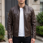 Men's brown faux leather racer jacket, front lifestyle view