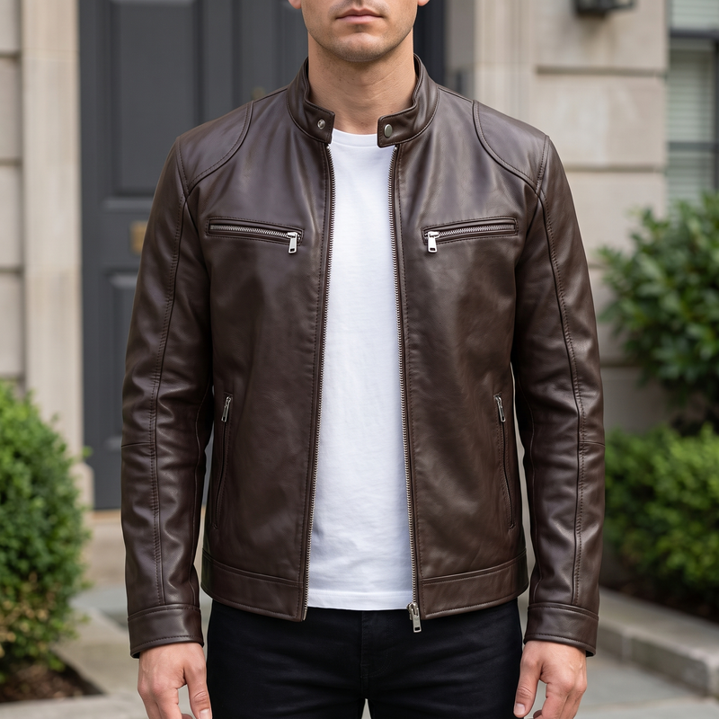 Men's brown faux leather racer jacket, front lifestyle view