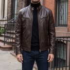Men's brown faux leather racer jacket, street lifestyle view