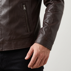 Men's brown faux leather racer jacket, cuff and pocket detail