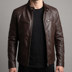 Men's brown faux leather racer jacket, collar and shoulder view