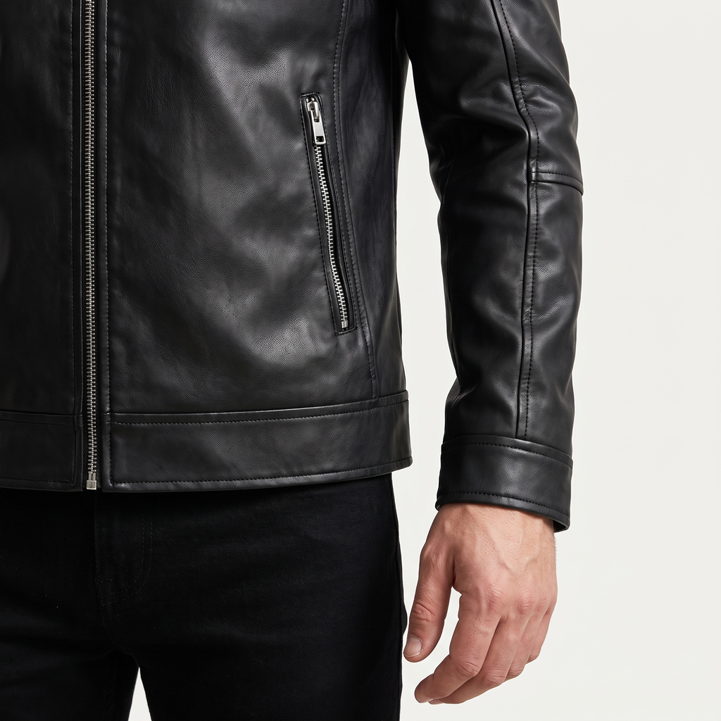 Men's black faux leather racer jacket, cuff and pocket detail