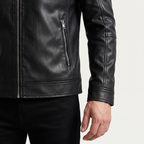 Men's black faux leather racer jacket, cuff and pocket detail