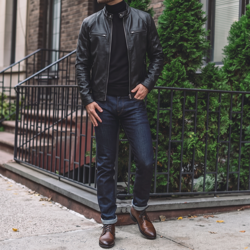 Men's black faux leather racer jacket, street lifestyle view