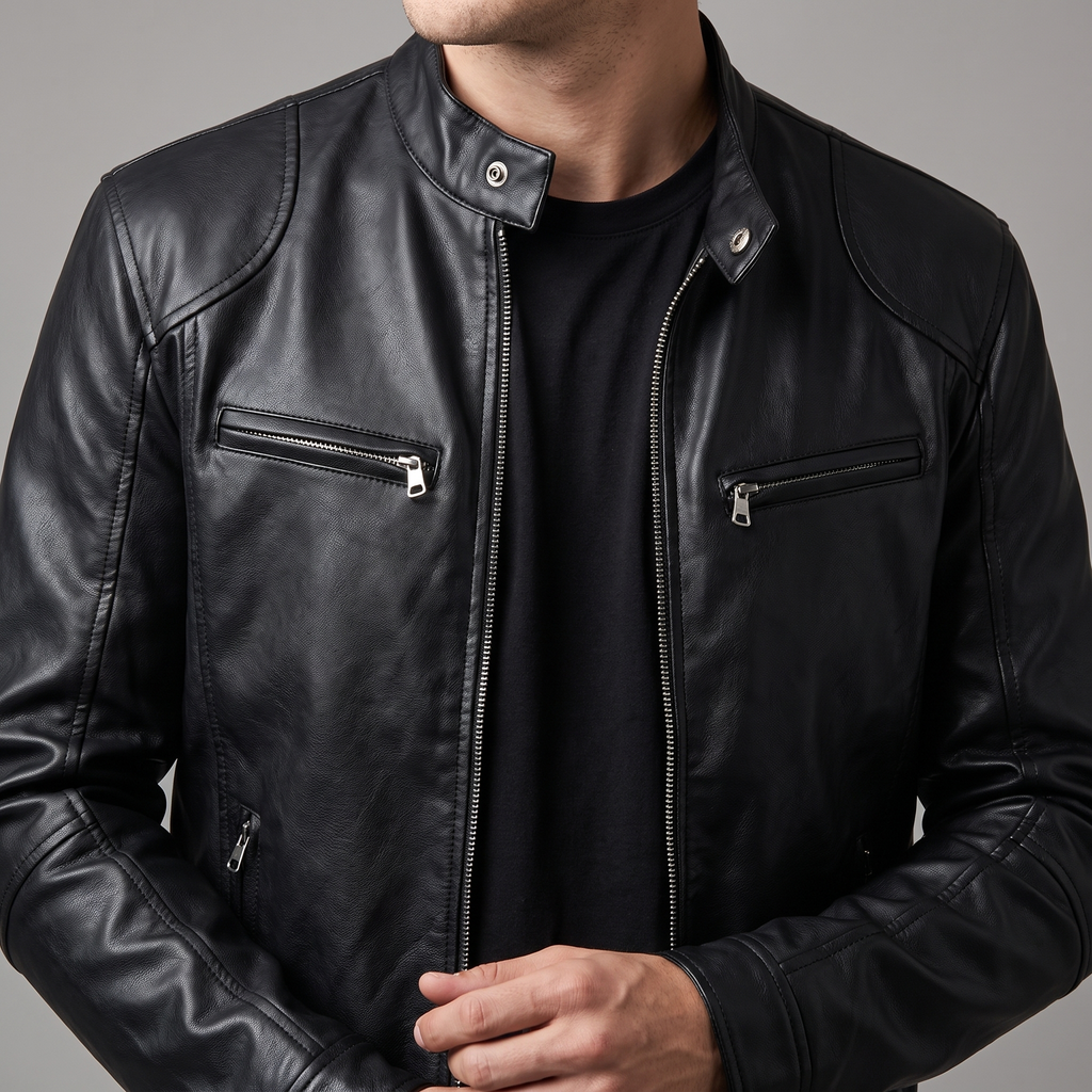 Men's black faux leather racer jacket, collar and shoulder view
