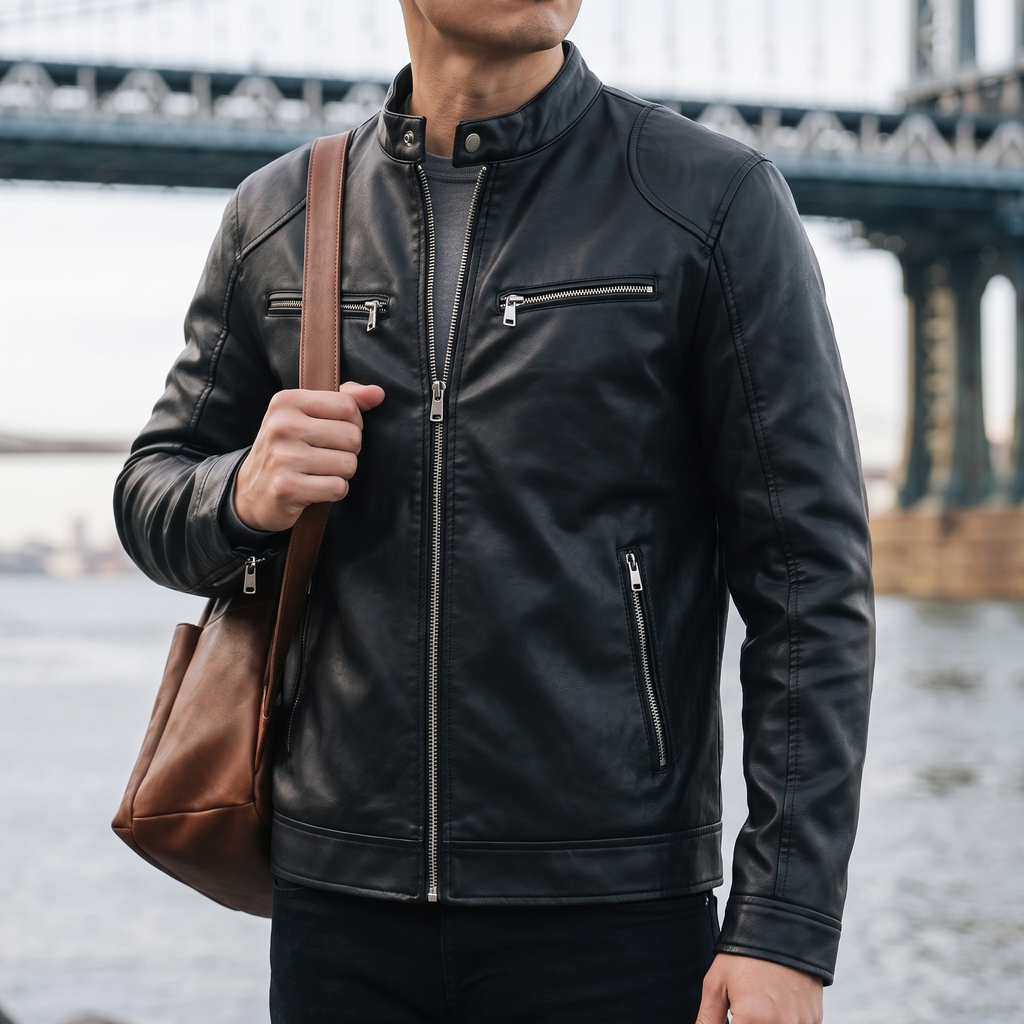 Men's black faux leather racer jacket, lifestyle view with shoulder bag