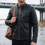 Men's black faux leather racer jacket, lifestyle view with shoulder bag