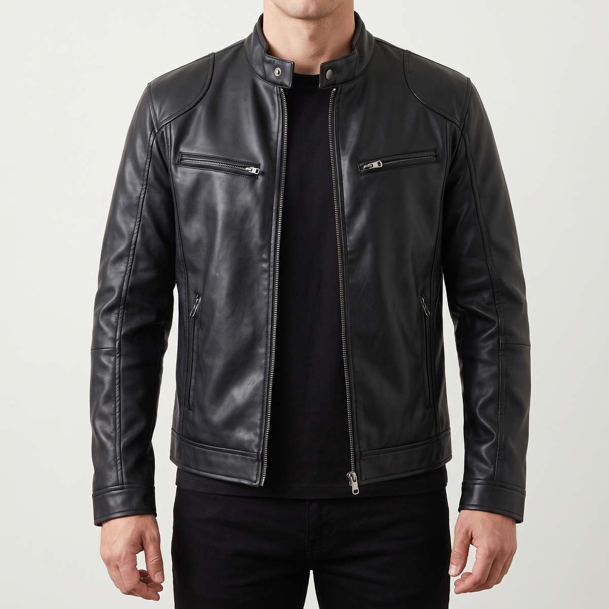 Men's black faux leather racer jacket, front studio view