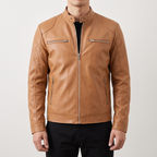Men's khaki faux leather racer jacket, front studio view
