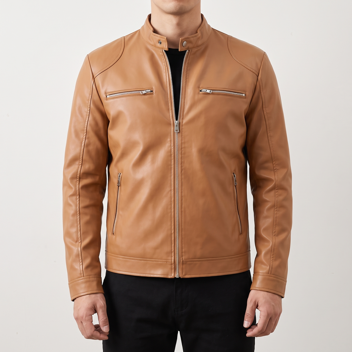 Men's khaki faux leather racer jacket, front studio view