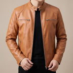Men's khaki faux leather racer jacket, collar and shoulder view