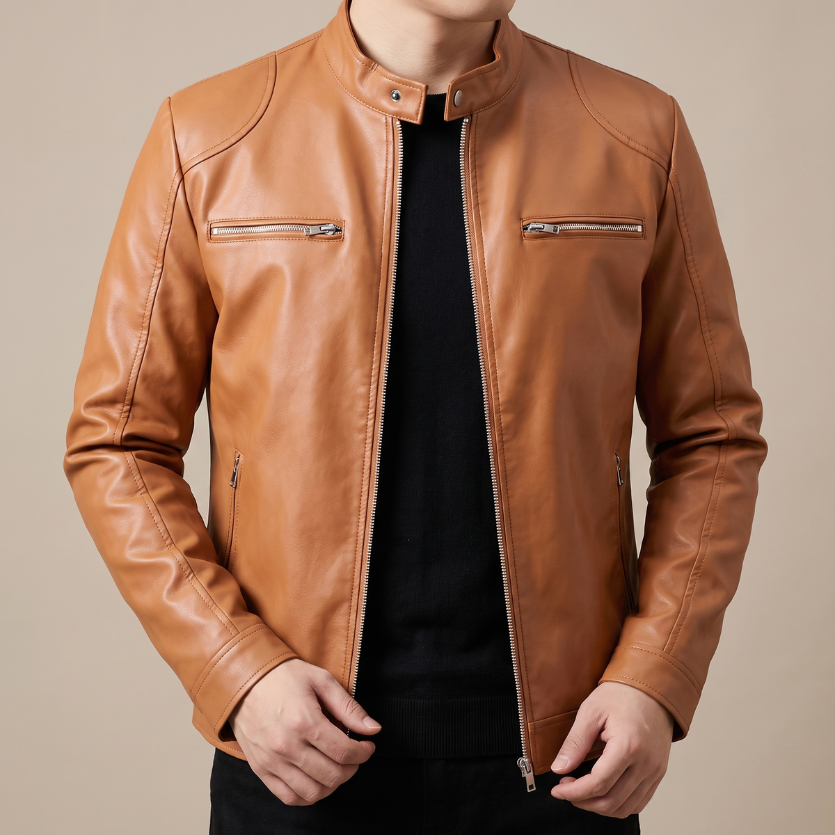 Men's khaki faux leather racer jacket, collar and shoulder view